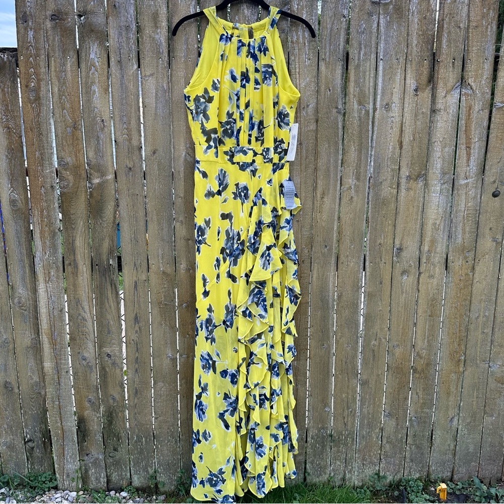 NWT Eliza J Floral Maxi Dress Yellow Blue Tie Back Wedding Guest Size 8